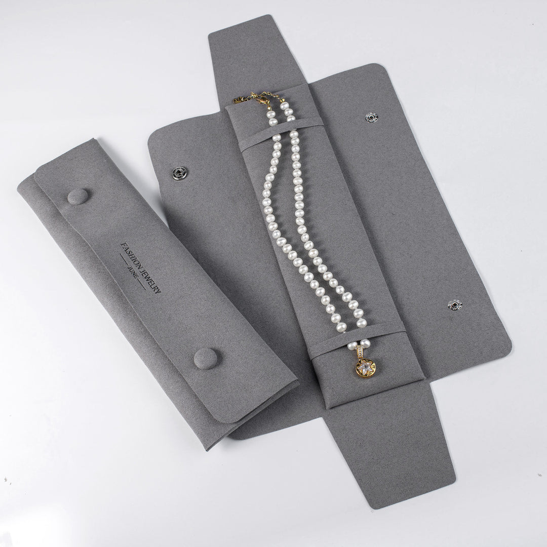 100pcs Custom Embossed Logo Foldable Microfiber Display Organizer Pouches – Snap Button Jewelry Bags for Long Necklaces & Elegant Gift Packaging