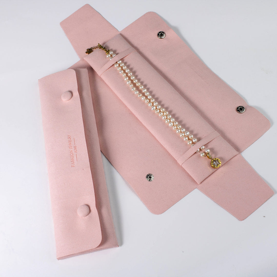 100pcs Custom Embossed Logo Foldable Microfiber Display Organizer Pouches – Snap Button Jewelry Bags for Long Necklaces & Elegant Gift Packaging