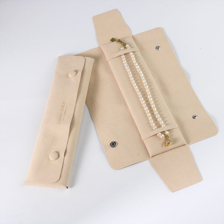 100pcs Custom Embossed Logo Foldable Microfiber Display Organizer Pouches – Snap Button Jewelry Bags for Long Necklaces & Elegant Gift Packaging