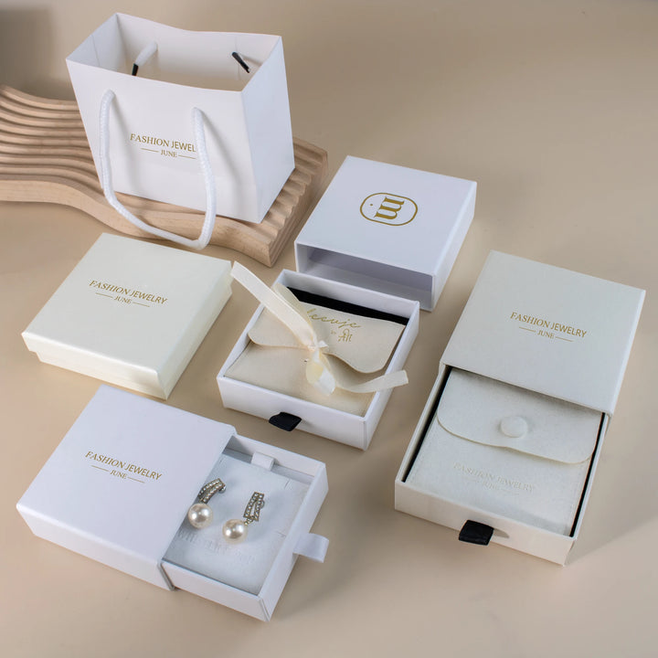 100 Sets Custom Logo Jewelry Packaging Combo (Basic Version) – Paper Bags with Ribbon, Jewelry Boxes & Microfiber Pouches for Rings, Necklaces, Earrings, Bracelets, and More