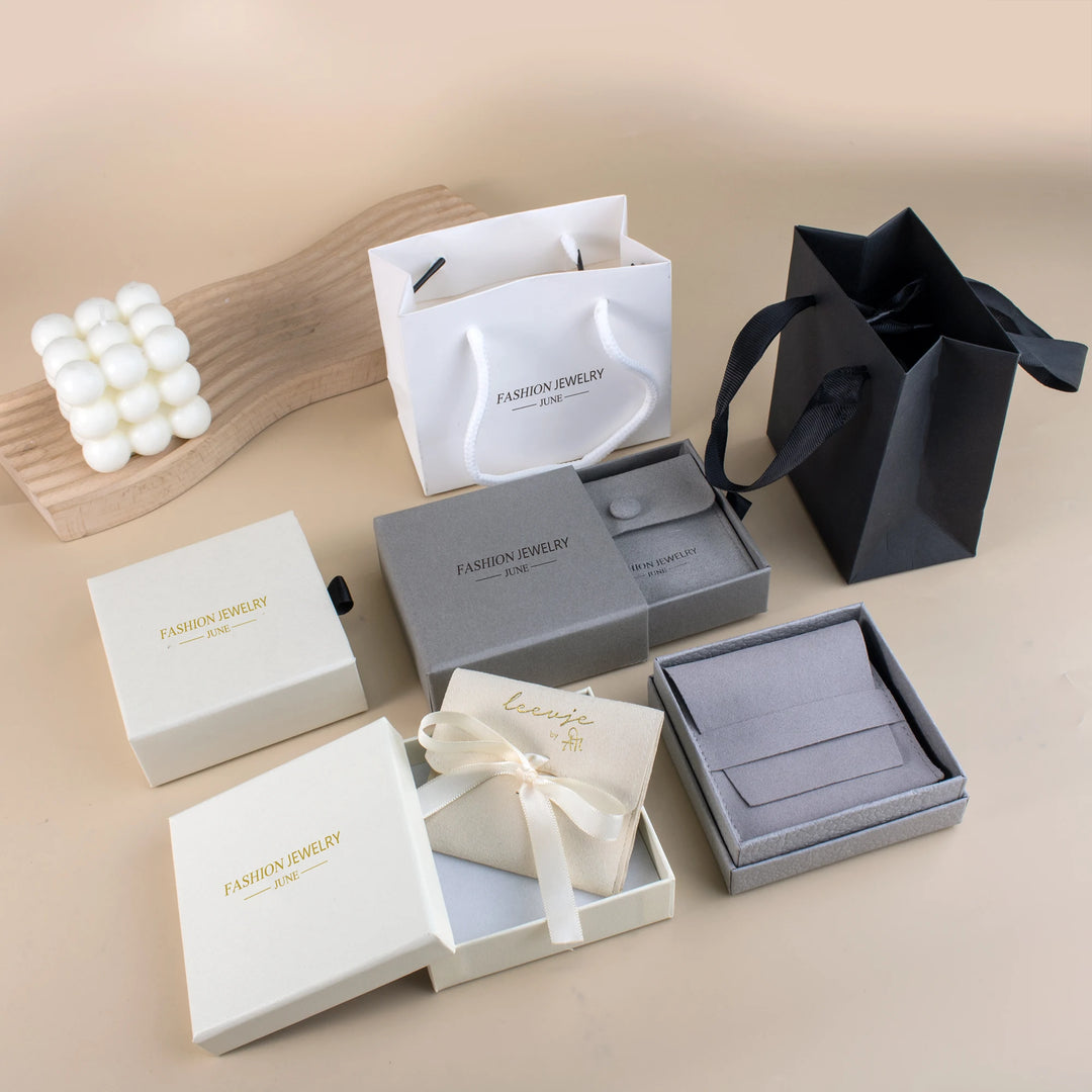 100 Sets Custom Logo Jewelry Packaging Combo (Basic Version) – Paper Bags with Ribbon, Jewelry Boxes & Microfiber Pouches for Rings, Necklaces, Earrings, Bracelets, and More