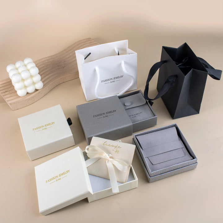 100 Sets Custom Logo Jewelry Packaging Combo (Basic Version) – Paper Bags with Ribbon, Jewelry Boxes & Microfiber Pouches for Rings, Necklaces, Earrings, Bracelets, and More