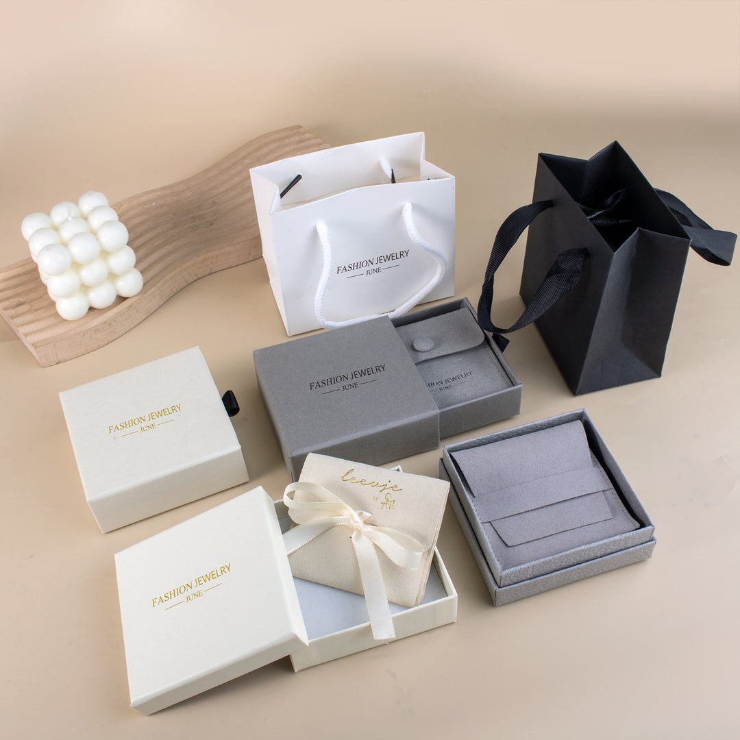 100 Sets Custom Logo Jewelry Packaging Combo (Basic Version) – Paper Bags with Ribbon, Jewelry Boxes & Microfiber Pouches for Rings, Necklaces, Earrings, Bracelets, and More