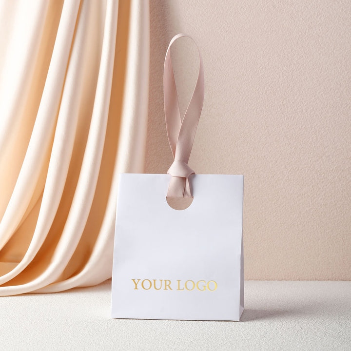 100pcs Custom Paper Bags With Logo, Ribbon Handle & Ribbon Closure – Perfect for Small Businesses, Jewelry, Wedding & Thank You Gift Packaging