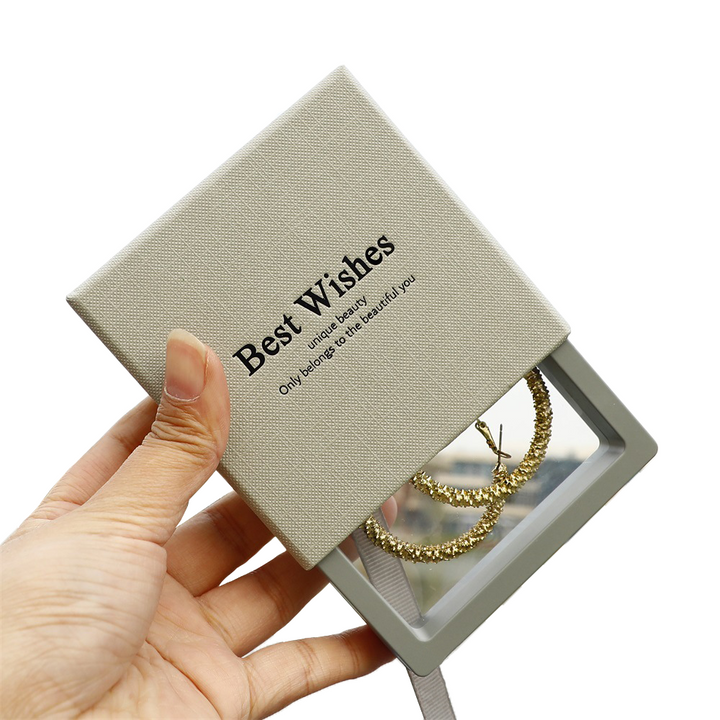 100pcs Custom Sliding Paper Drawer Jewelry Boxes with Floating PE Film Insert – Foil Stamped Logo, Perfect for Necklaces, Earrings, Bracelets & Rings