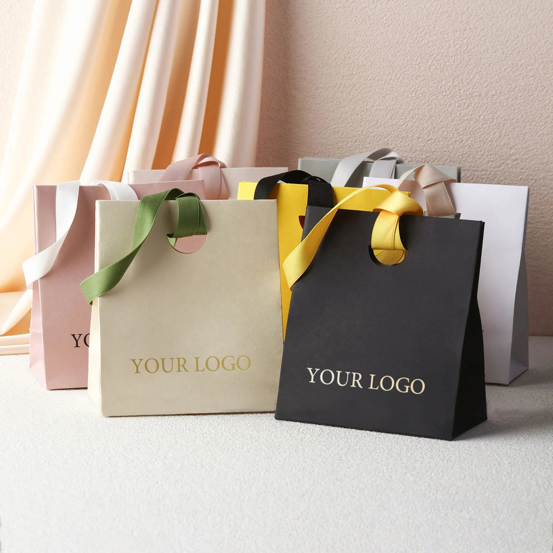 100pcs Custom Paper Bags With Logo, Ribbon Handle & Ribbon Closure – Perfect for Small Businesses, Jewelry, Wedding & Thank You Gift Packaging
