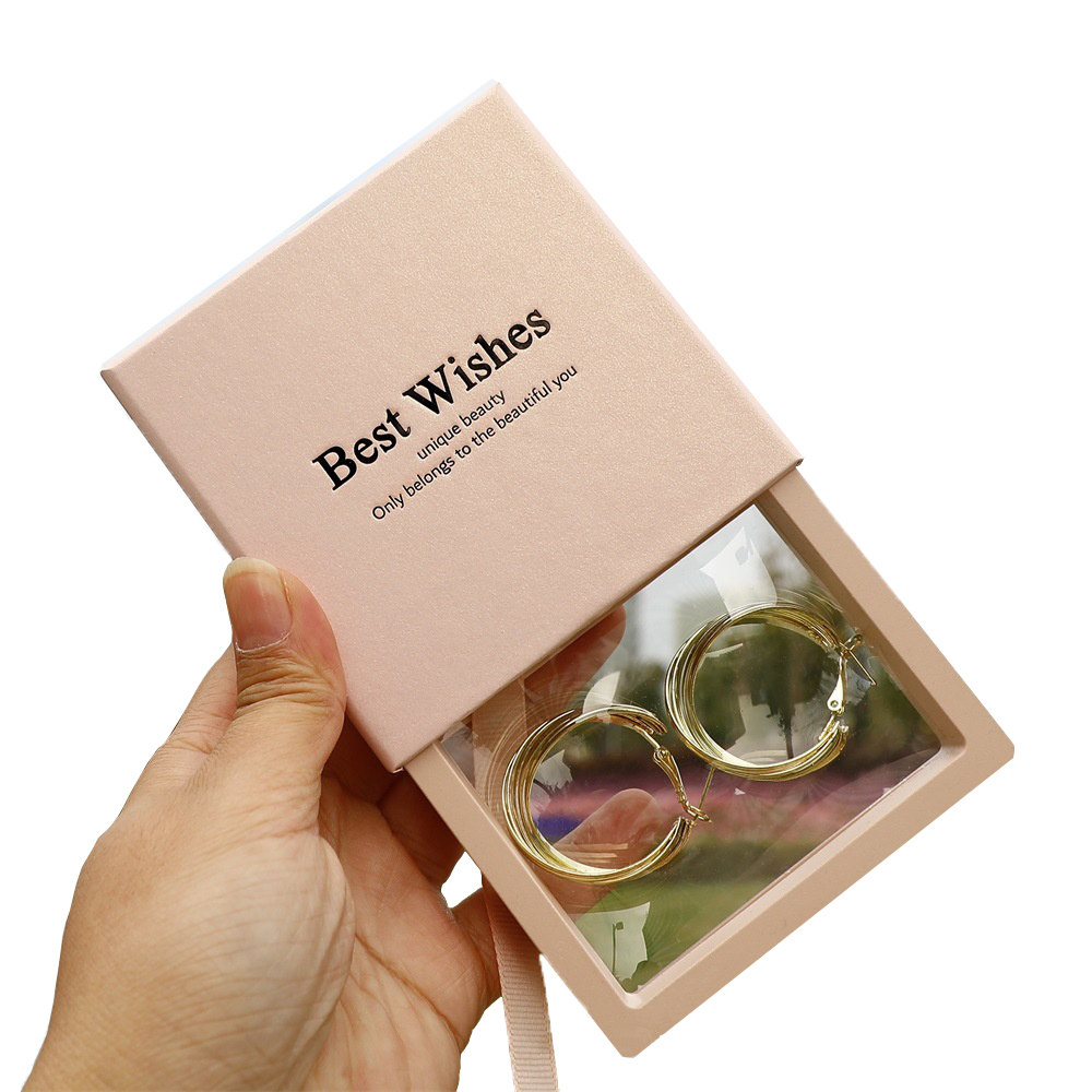 100pcs Custom Sliding Paper Drawer Jewelry Boxes with Floating PE Film Insert – Foil Stamped Logo, Perfect for Necklaces, Earrings, Bracelets & Rings