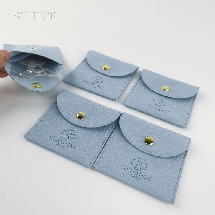 100pcs Custom Logo Debossed Round Top Microfiber Jewelry Pouches with Button Closure – Wholesale Packaging for Rings, Earrings, Bracelets & Gifts