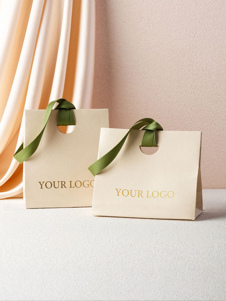 100pcs Custom Paper Bags With Logo, Ribbon Handle & Ribbon Closure – Perfect for Small Businesses, Jewelry, Wedding & Thank You Gift Packaging