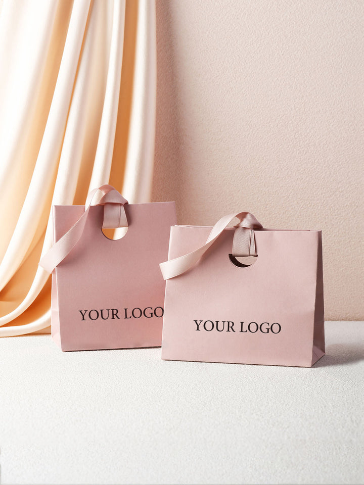 100pcs Custom Paper Bags With Logo, Ribbon Handle & Ribbon Closure – Perfect for Small Businesses, Jewelry, Wedding & Thank You Gift Packaging