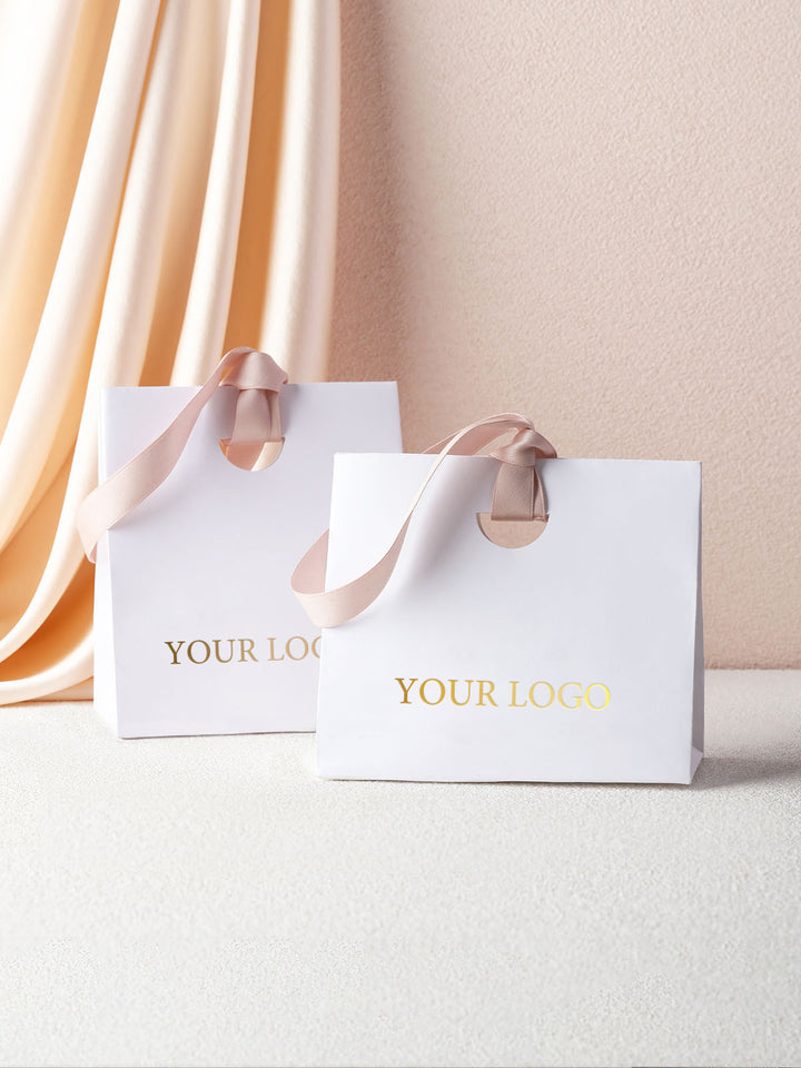 100pcs Custom Paper Bags With Logo, Ribbon Handle & Ribbon Closure – Perfect for Small Businesses, Jewelry, Wedding & Thank You Gift Packaging