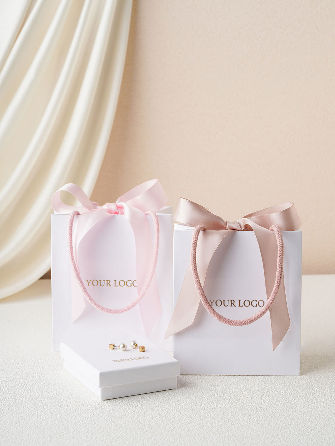 100pcs Custom Ribbon Handle Paper Bags With Logo for Small Businesses, Handmade Brands, Jewelry, Wedding & Thank You Gifts