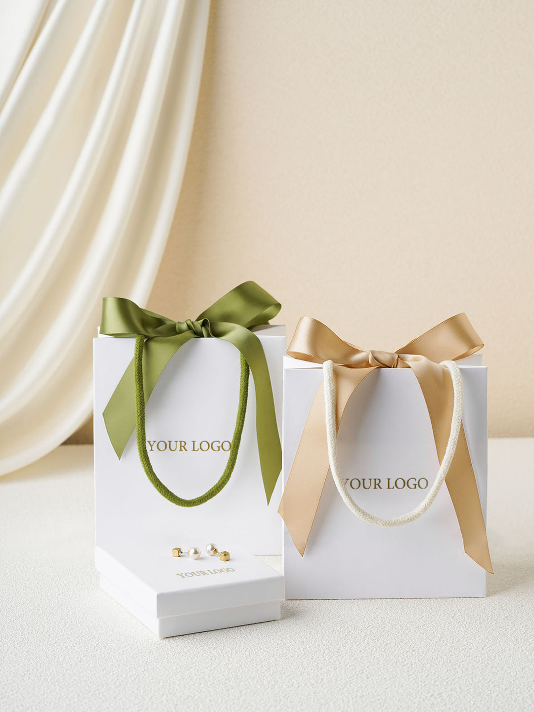 100pcs Custom Ribbon Handle Paper Bags With Logo for Small Businesses, Handmade Brands, Jewelry, Wedding & Thank You Gifts