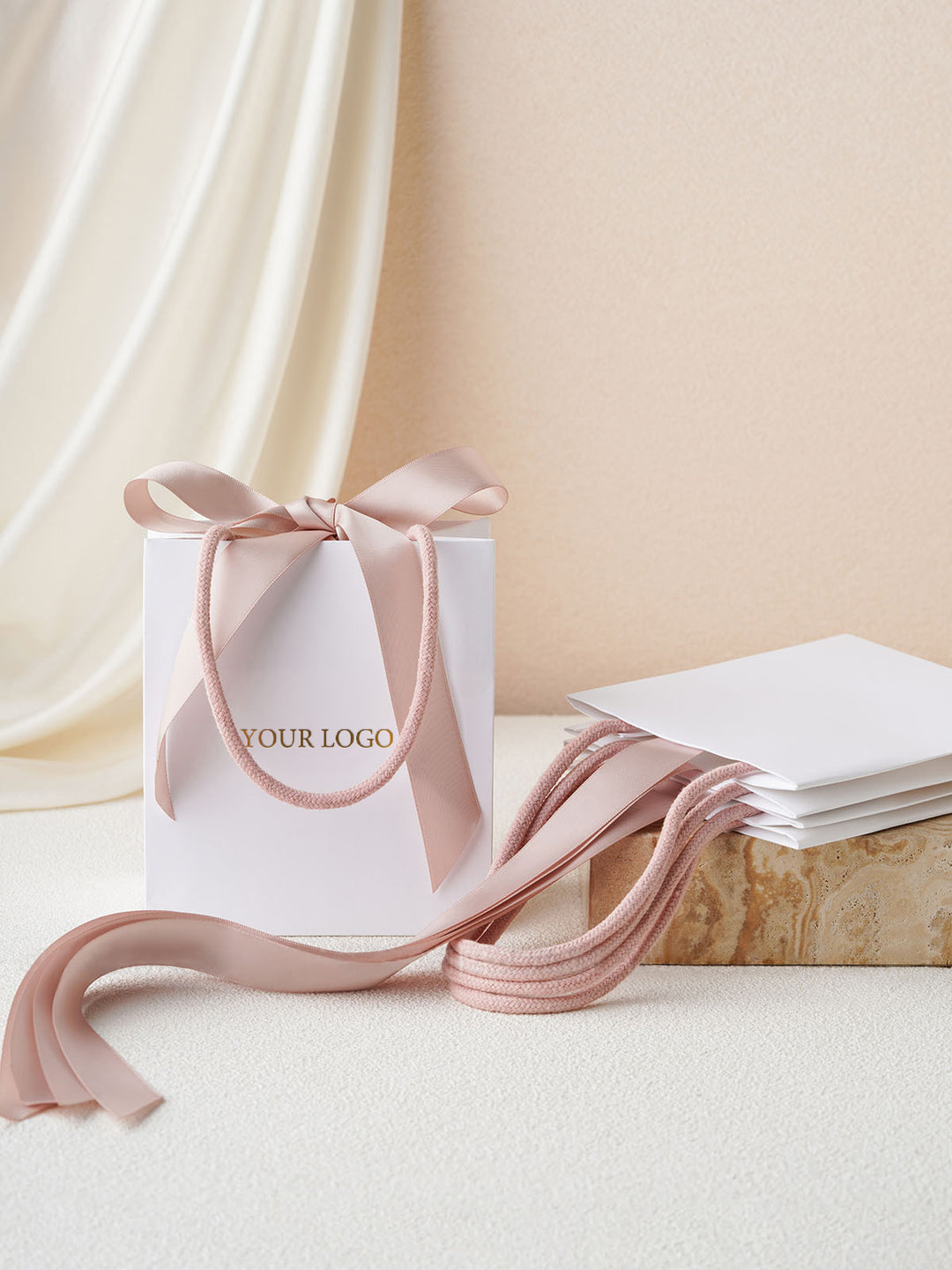 100pcs Custom Ribbon Handle Paper Bags With Logo for Small Businesses, Handmade Brands, Jewelry, Wedding & Thank You Gifts