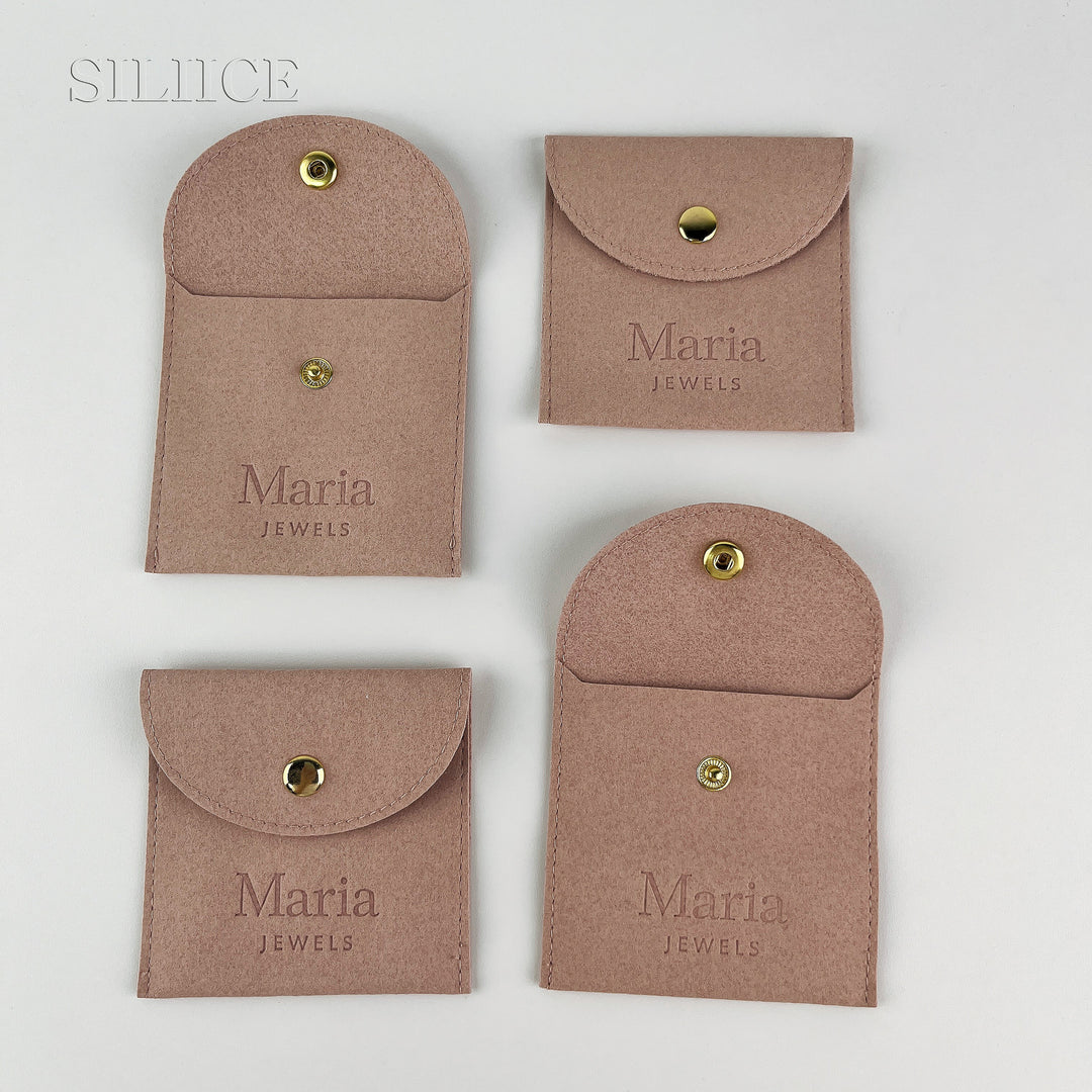 100pcs Custom Logo Debossed Round Top Microfiber Jewelry Pouches with Button Closure – Wholesale Packaging for Rings, Earrings, Bracelets & Gifts