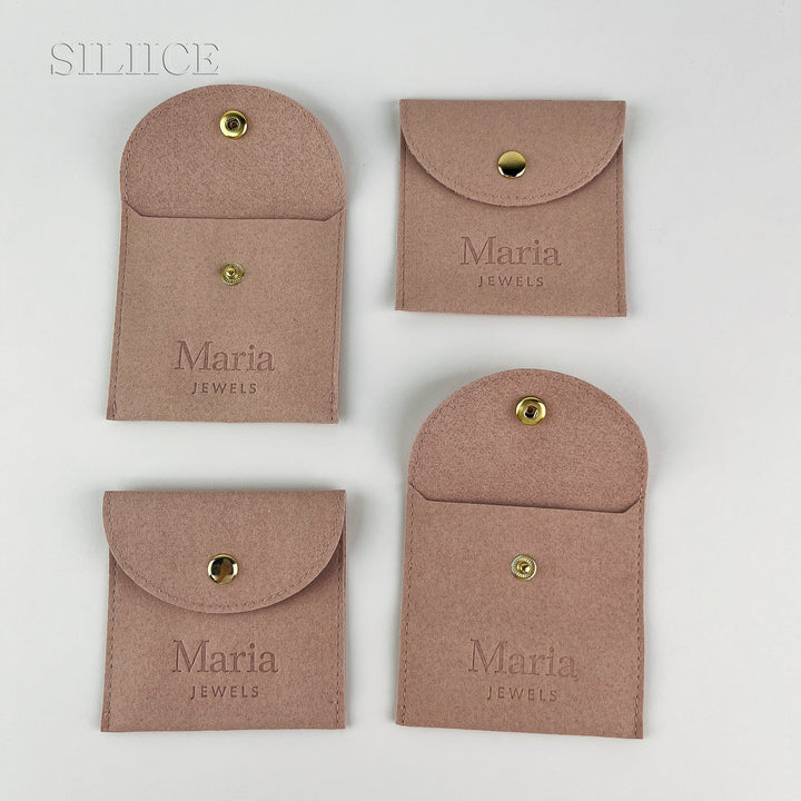 100pcs Custom Logo Debossed Round Top Microfiber Jewelry Pouches with Button Closure – Wholesale Packaging for Rings, Earrings, Bracelets & Gifts