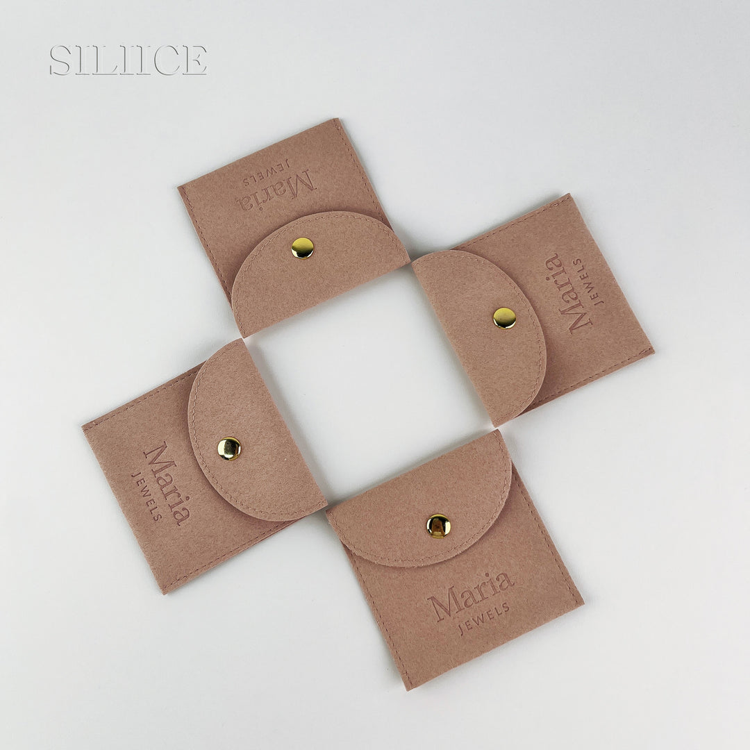 100pcs Custom Logo Debossed Round Top Microfiber Jewelry Pouches with Button Closure – Wholesale Packaging for Rings, Earrings, Bracelets & Gifts