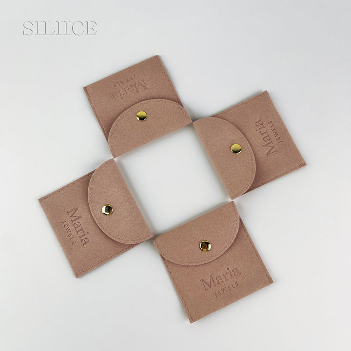 100pcs Custom Logo Debossed Round Top Microfiber Jewelry Pouches with Button Closure – Wholesale Packaging for Rings, Earrings, Bracelets & Gifts