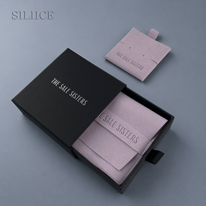 100 Custom Logo Jewelry Packaging Set – Drawer Box with Tuck-In Microfiber Pouch & Insert Pad for Jewelry Brands, Earrings, Necklaces & Gifts