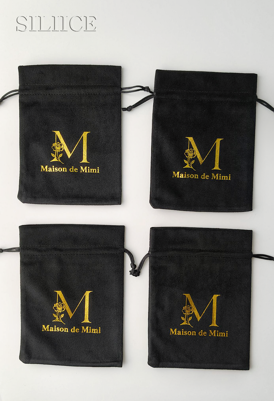 100pcs Custom Screen-Printed Logo Velvet Drawstring Pouches with Flower Top – Jewelry, Gifts, Cosmetics, Boutique Packaging
