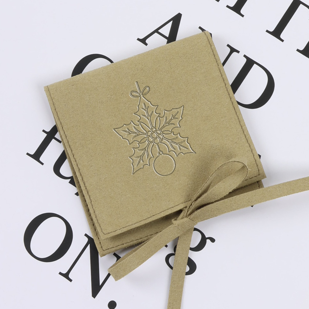 100pcs Wholesale Christmas Special Edition Microfiber Ribbon Closure Jewelry Pouches – Envelope-Flap Design with Embossed Christmas Pattern