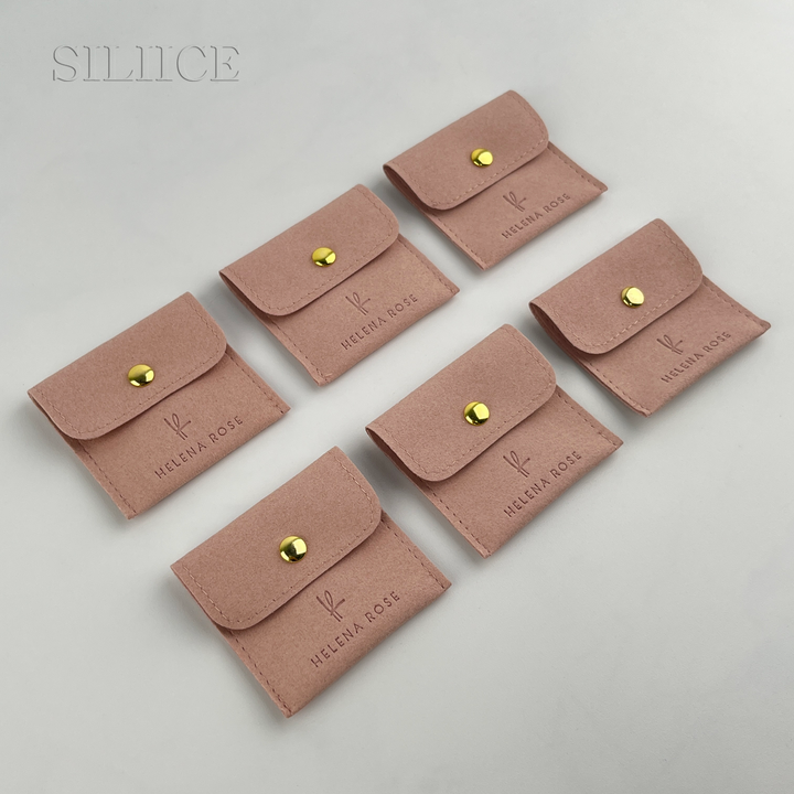 100pcs Custom Snap Button Microfiber Jewelry Pouches – Luxury Debossed Logo Packaging with Custom Sizes for Rings, Earrings & Bracelets, Wholesale