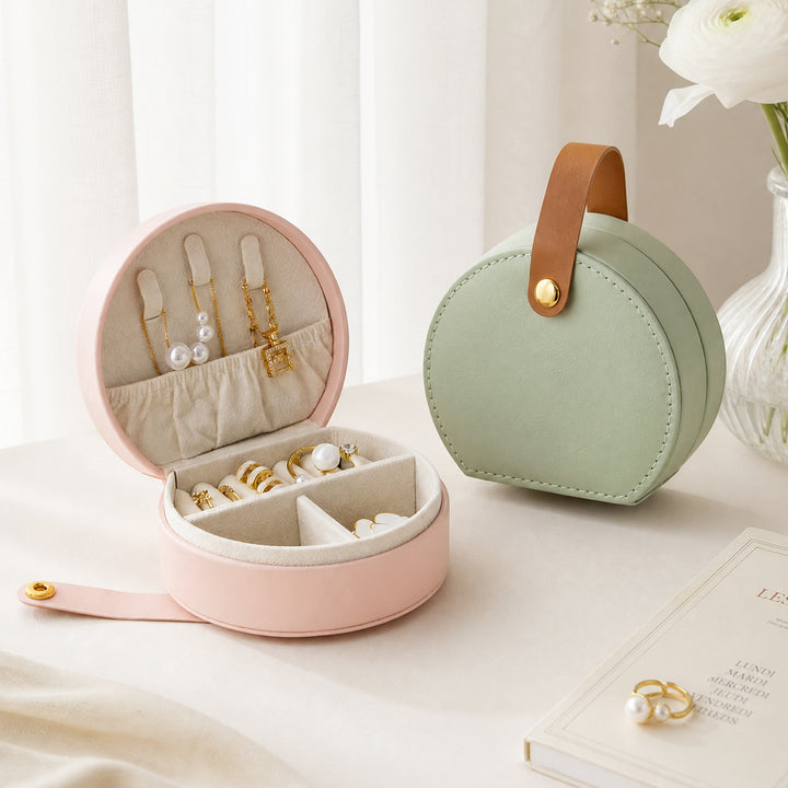 100pcs Custom Logo PU Leather Round-Top Jewelry Travel Case – Mini Case with Snap Handle for Earrings, Rings & Necklaces