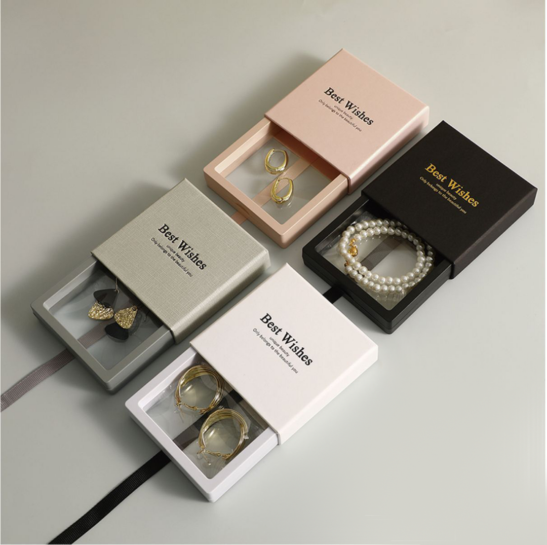 100pcs Custom Sliding Paper Drawer Jewelry Boxes with Floating PE Film Insert – Foil Stamped Logo, Perfect for Necklaces, Earrings, Bracelets & Rings