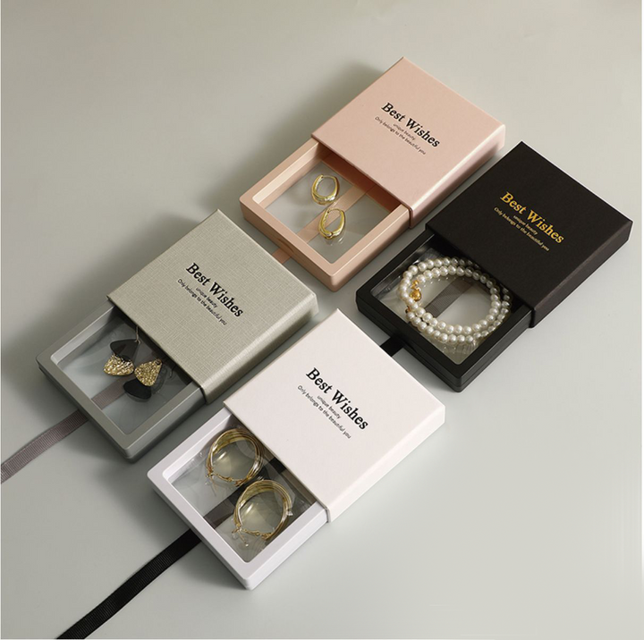 100pcs Custom Sliding Paper Drawer Jewelry Boxes with Floating PE Film Insert – Foil Stamped Logo, Perfect for Necklaces, Earrings, Bracelets & Rings