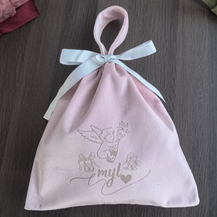 100pcs Custom Logo Velvet Drawstring Pouches with Long Handle – Handheld Gift Bags for Jewelry, Gifts, Cosmetics & Boutique Packaging