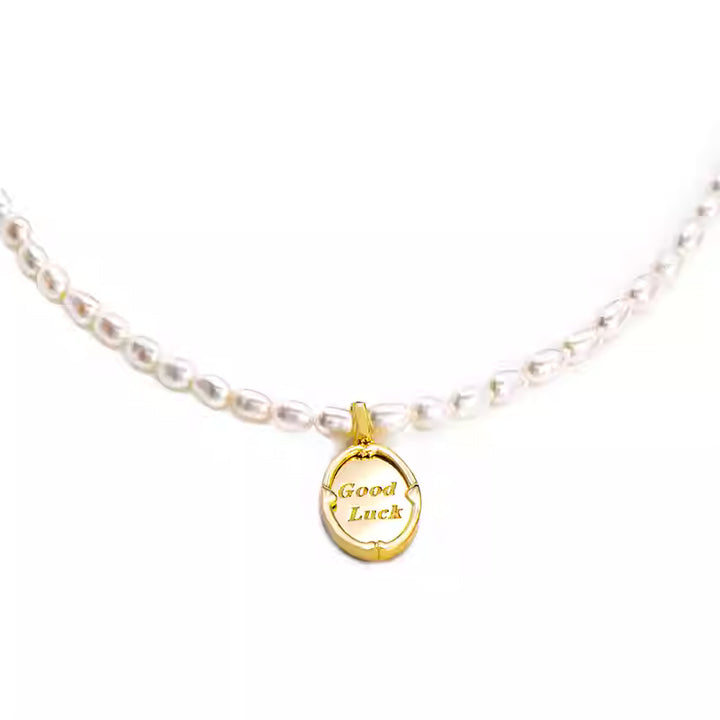 Solid 14K Gold Pearl Lucky Necklace