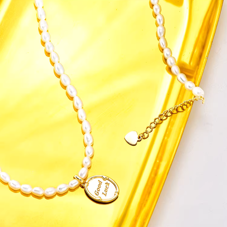 Solid 14K Gold Pearl Lucky Necklace