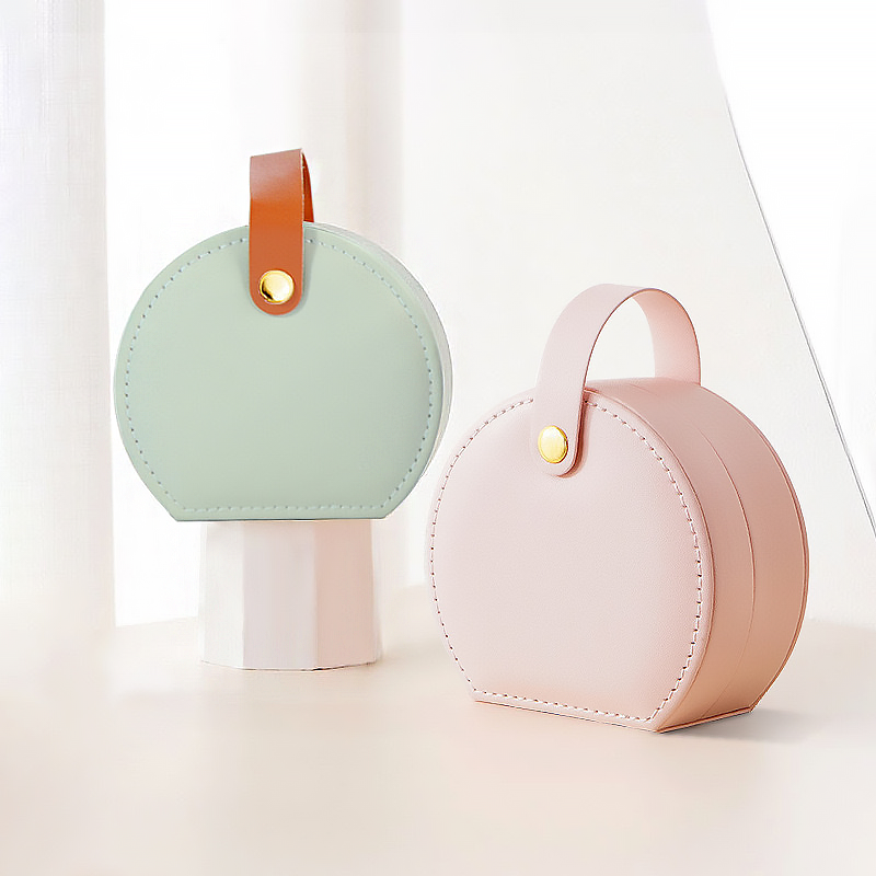 100pcs Custom Logo PU Leather Round-Top Jewelry Travel Case – Mini Case with Snap Handle for Earrings, Rings & Necklaces