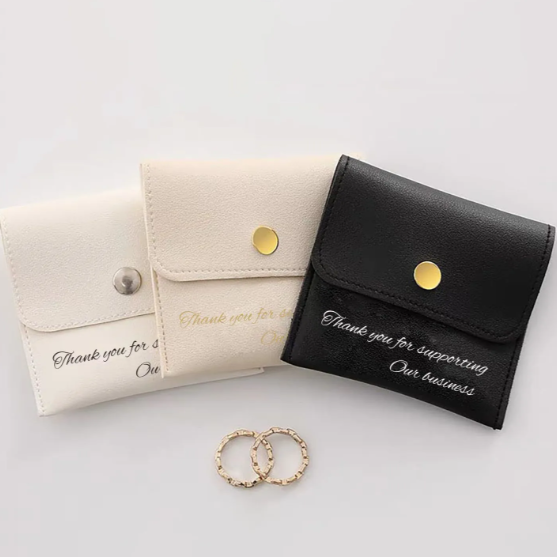 100pcs Wholesale Custom Faux Leather Jewelry Pouches – PU Gift Bags with Snap Button & Logo for Rings, Earrings & Necklaces