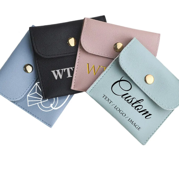 100pcs Wholesale Custom Faux Leather Jewelry Pouches – PU Gift Bags with Snap Button & Logo for Rings, Earrings & Necklaces