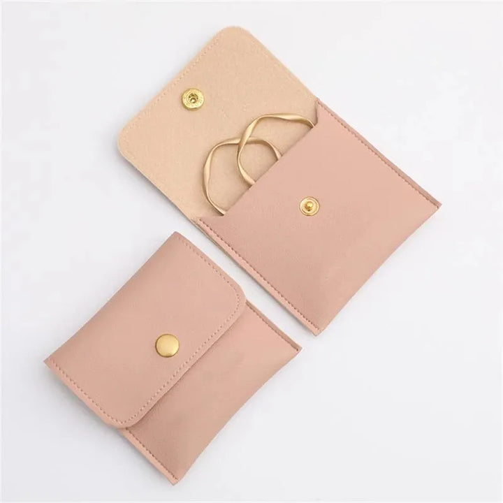 100pcs Wholesale Custom Faux Leather Jewelry Pouches – PU Gift Bags with Snap Button & Logo for Rings, Earrings & Necklaces