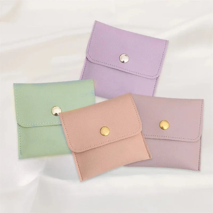 100pcs Wholesale Custom Faux Leather Jewelry Pouches – PU Gift Bags with Snap Button & Logo for Rings, Earrings & Necklaces