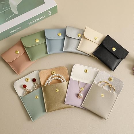 100pcs Wholesale Custom Faux Leather Jewelry Pouches with Embossed Logo – Snap Button Gift Bags for Rings, Earrings, Bracelets & Necklace Packaging