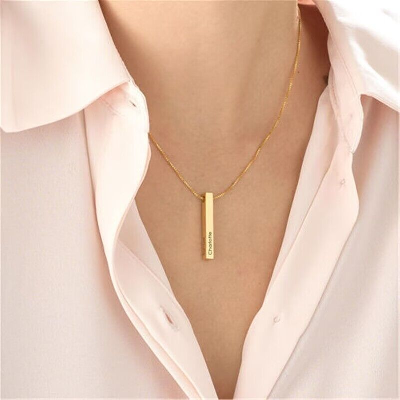 Custom Engraved Vertical Name Bar Necklace- Solid 14K| 18K Gold