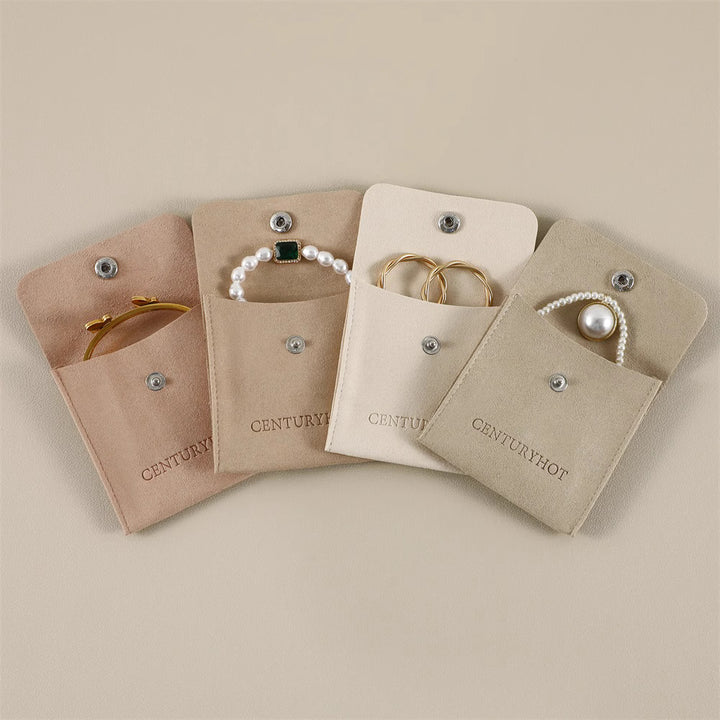 Custom Logo Print Luxury Jewelry Pouch Snap Button Bags Wholesale Ring Brooch Earrings Bracelet Packaging Microfiber Pouch Brooch Gift Bags