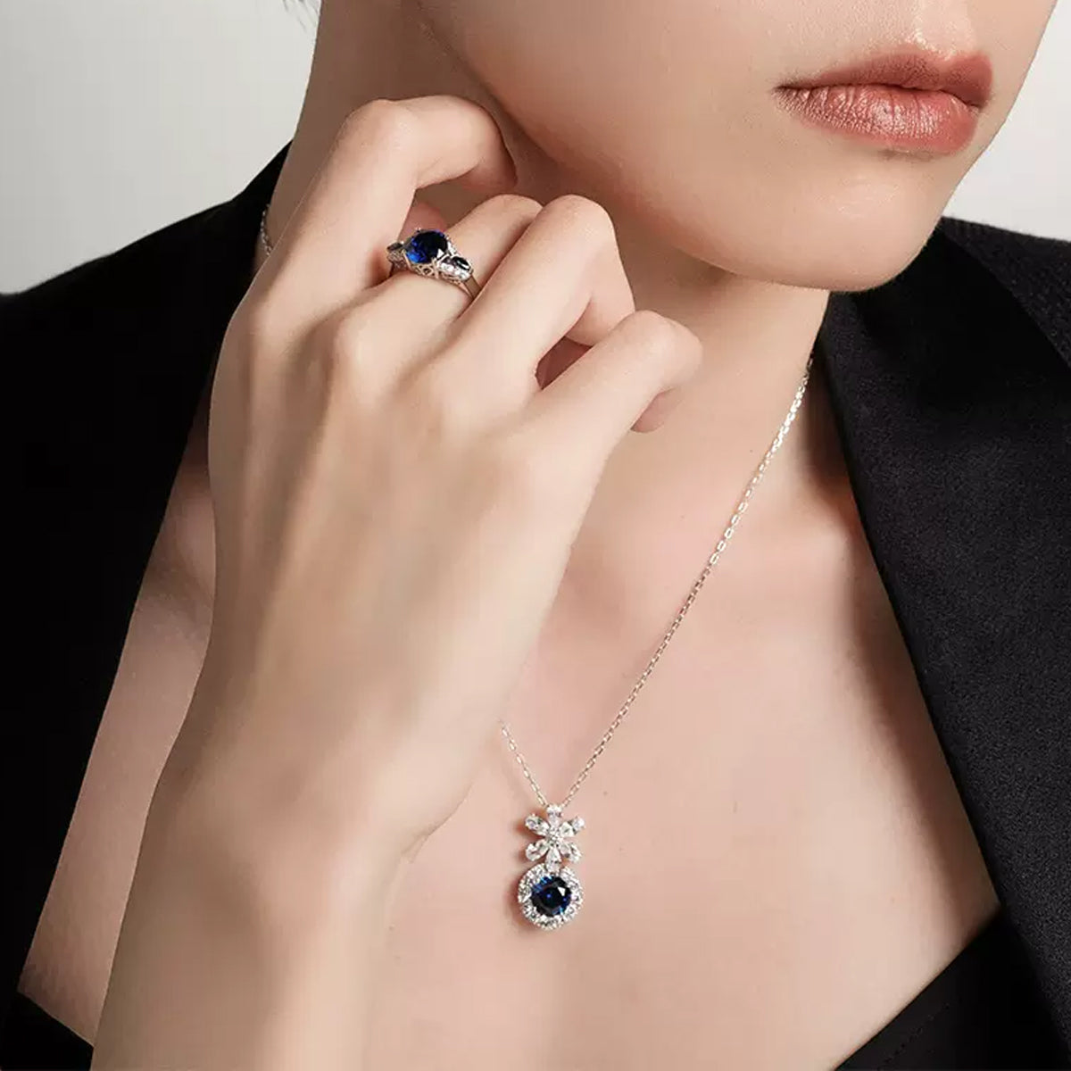 Siliice Jewelry - Sapphire Series -  Royal Blue Necklace Full of Diamonds with Clavicle Chain For Women
