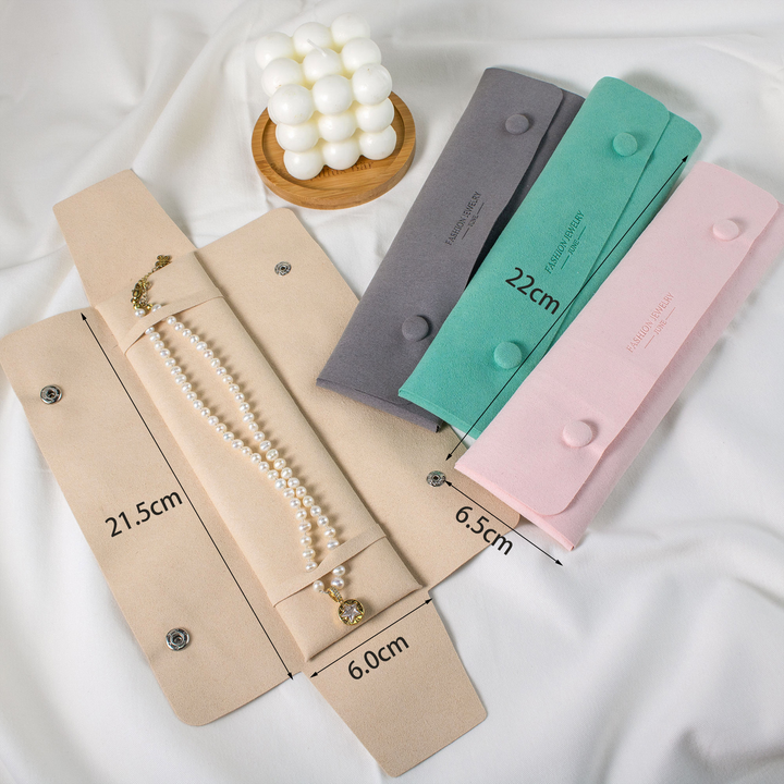 Foldable Microfiber Display Organizer Pouch – 100pcs Snap Button Storage for Long Necklaces, Custom Debossed Logo, 8.66×2.56"