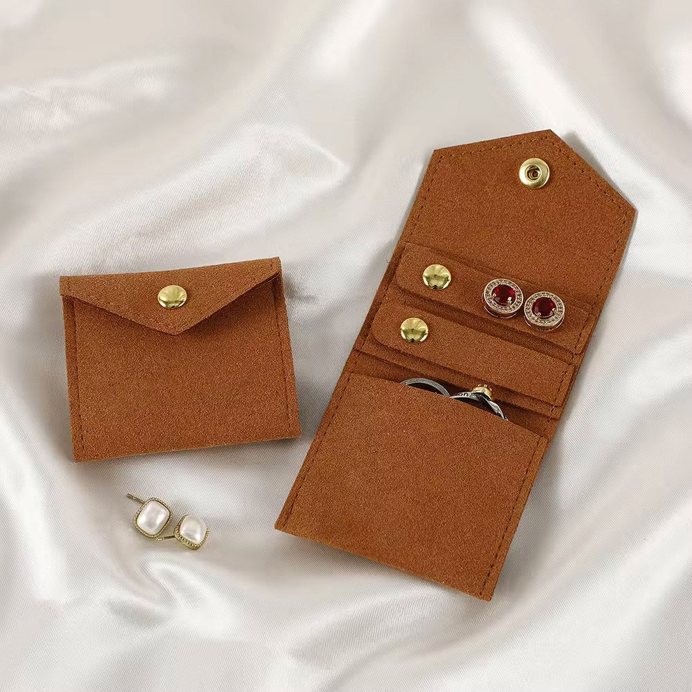 100pcs Custom Embossed Logo Mini Envelope Display Organizer Pouches – Foldable Microfiber Jewelry Bags with Snap Button for Earrings, Rings & Gift Packaging
