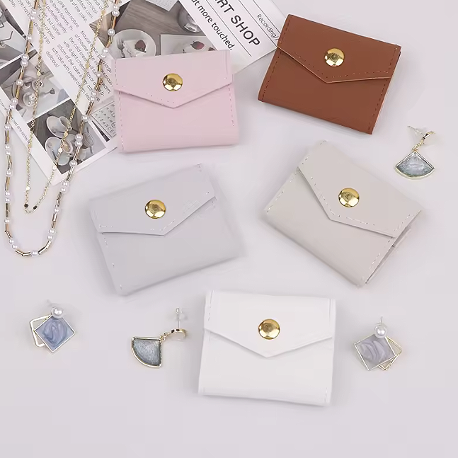 100pcs Custom Embossed Logo Mini Envelope Display Organizer Pouches – Foldable Microfiber Jewelry Bags with Snap Button for Earrings, Rings & Gift Packaging