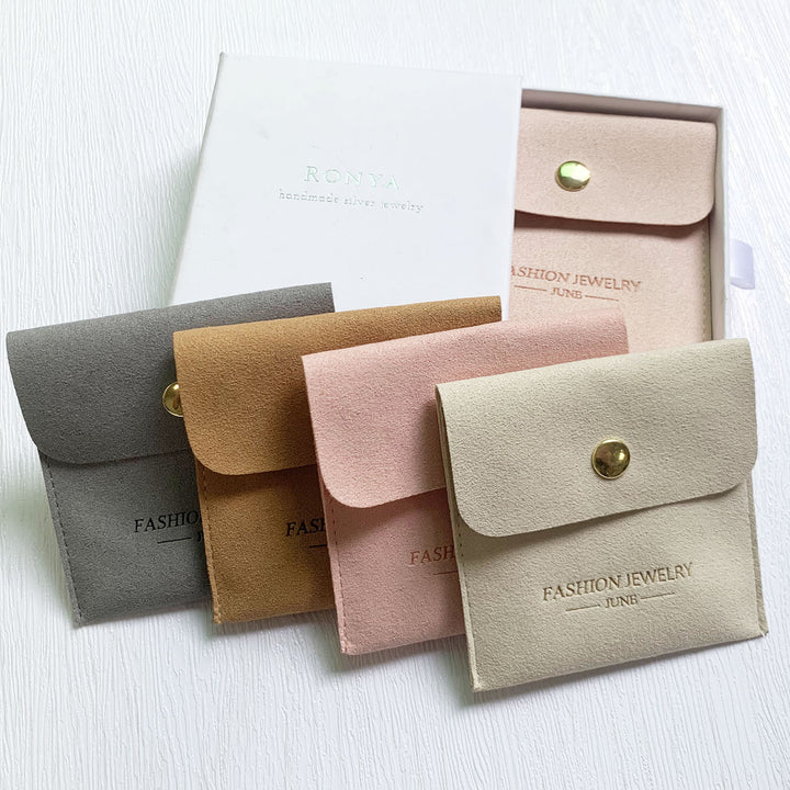 Custom Logo Print Luxury Jewelry Pouch Snap Button Bags Wholesale Ring Brooch Earrings Bracelet Packaging Microfiber Pouch Brooch Gift Bags
