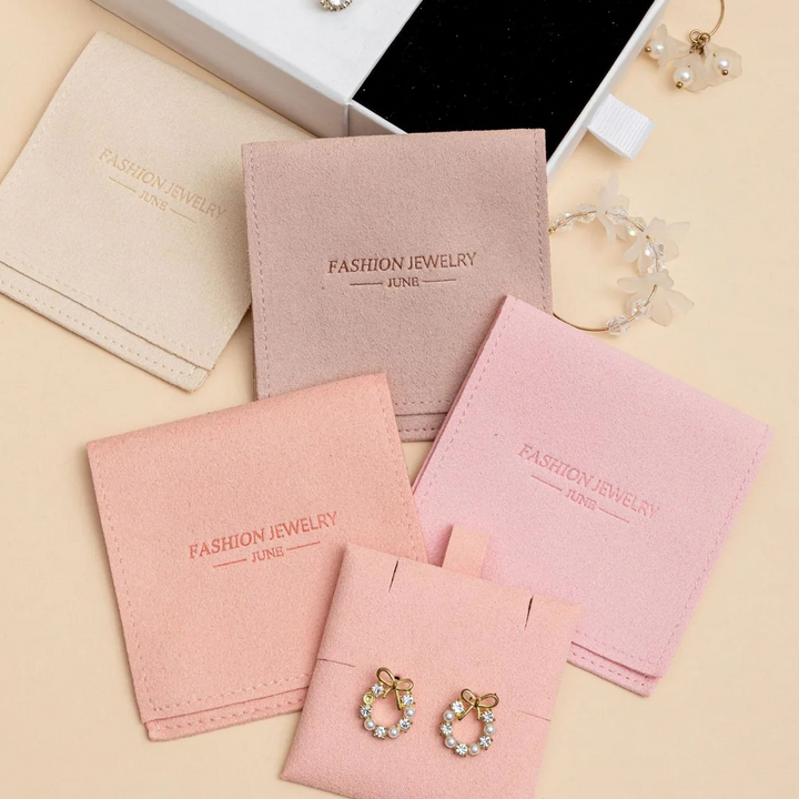 100pcs Custom Microfiber 3.15×3.15" Flap Jewelry Pouches with Insert Card – Luxury Small Gift Bags with Your Brand Name for Necklace & Earrings Packaging