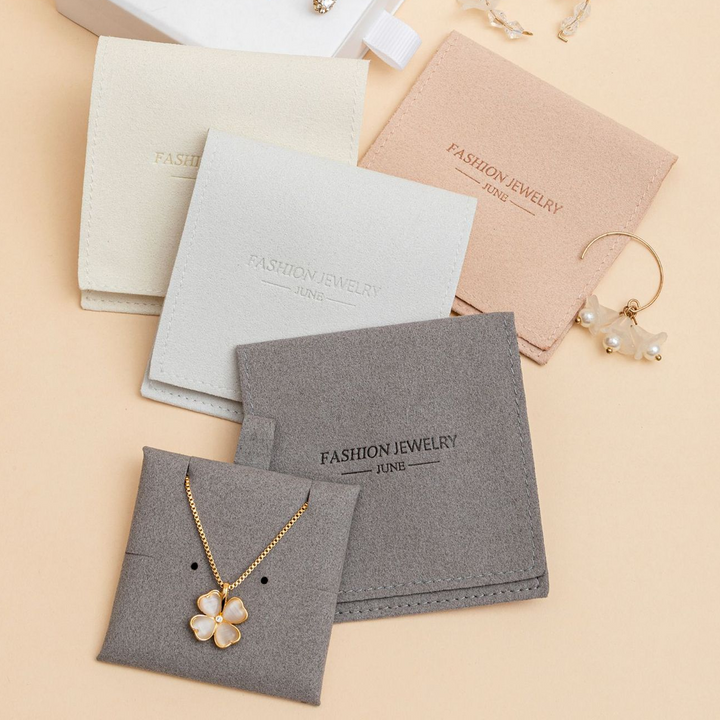 100pcs Custom Microfiber 3.15×3.15" Flap Jewelry Pouches with Insert Card – Luxury Small Gift Bags with Your Brand Name for Necklace & Earrings Packaging