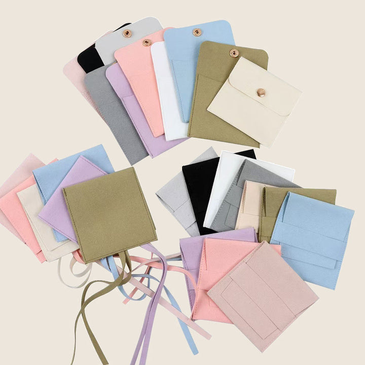 Custom Logo Print Luxury Jewelry Pouch Snap Button Bags Wholesale Ring Brooch Earrings Bracelet Packaging Microfiber Pouch Brooch Gift Bags