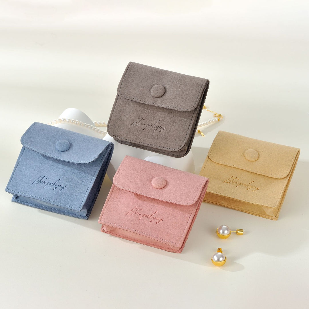 100pcs Custom Debossed Logo Double-Layer Microfiber Button Bags, 3.15×3.15×1" – Wholesale Jewelry Pouches for Rings, Earrings, Bracelets & Gift