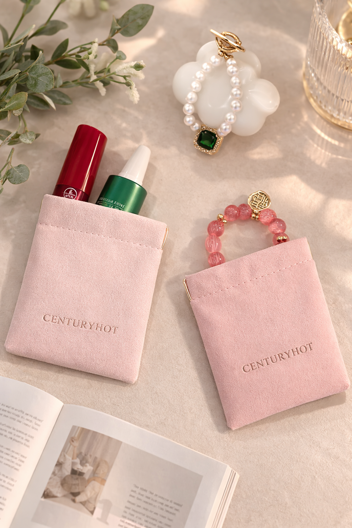 100pcs 9×12cm Luxury Microfiber Spring Frame Jewelry Pouches – Custom Debossed Logo Travel Pouches for Jewelry, Gifts, Retail & Wholesale Packaging